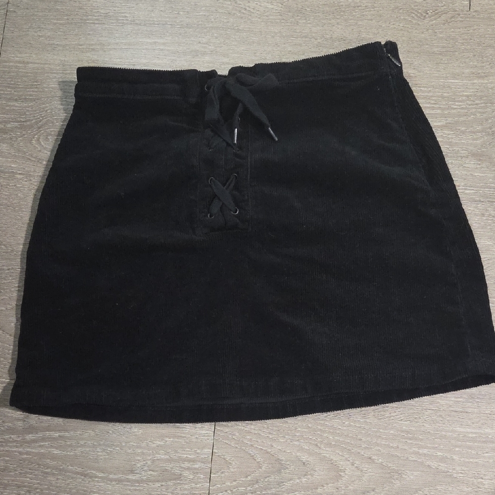 SO Black Corduroy Mini Skirt with Lace-Up Front